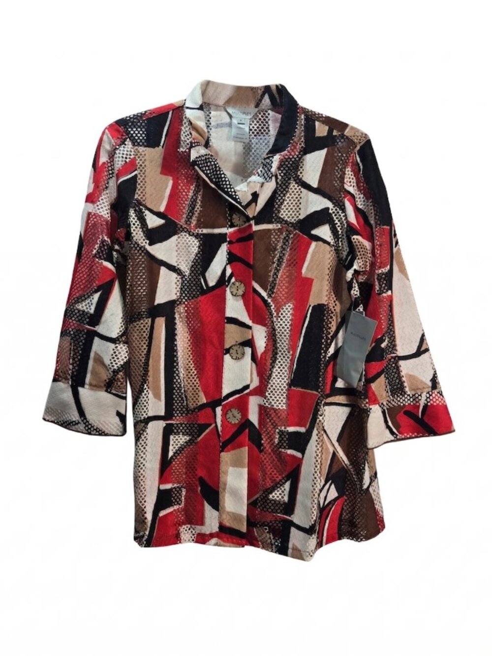 NWT | Multiples Africa Geometric Mesh Button Up Top Red Black Tan | XS